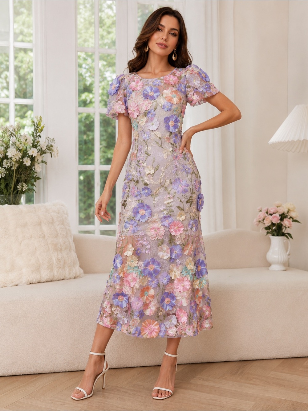 NEW 3D Floral Embroidered Midi Dress | Elegant Wedding Guest Gown
